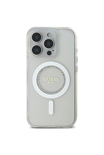 Guess Case Rhinestones Ring MagSafe iPhone 16 Pro White