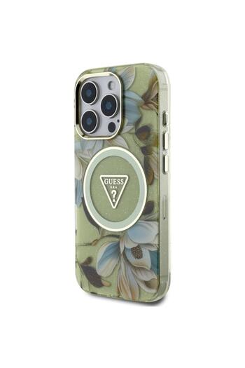 Guess Glitter Flowers Triangle Buttons MagSafe iPhone 16 Pro Max Case Green