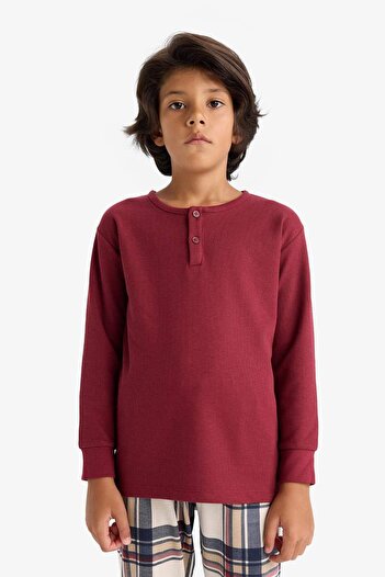 DeFacto Erkek Çocuk Pijama Takımı Waffle Uzun Kollu Üst Kareli Uzun Alt F1895A825AU
