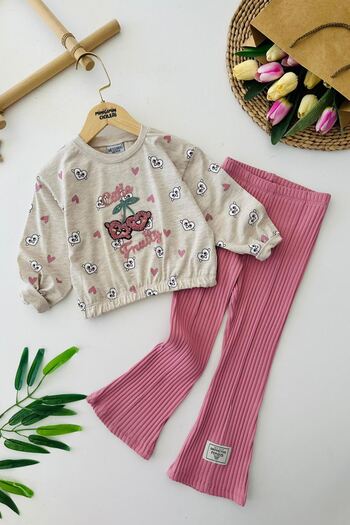 Minigimin Cicileri My Little Girl's Suit with Cherry Punch Embroidery Detail and Elastic Waistband - Plum
