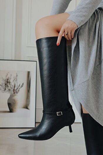 POLKA STORE Fall Kitten Heel Below-The-Knee Pointed Toe Piping Tape Detailed Matte Leather Women's Boots