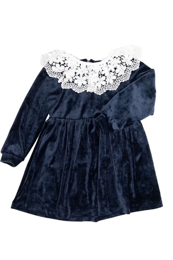 Ozmoz By Mukadder Özden Lace Collar Soft Navy Blue Velvet Little Girl's Dress