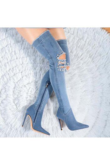 BMoD Ghete lungi de damă din denim albastru cu strasuri aplicate MOD10420