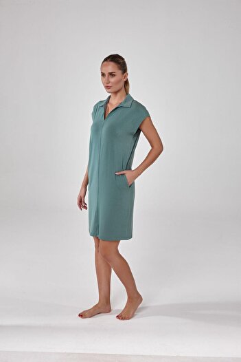 relactive Women's Green Short Sleeve Lapel Detailed Pocket Home Dress C8T3N5O2