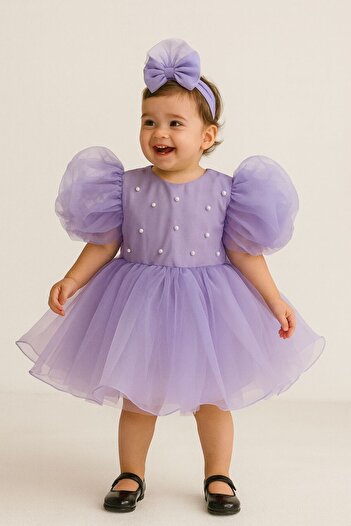 Hobidik Baby Baby Girl Kids Lilac Organza Princess Dress – Chest Pearl Embroidered Birthday Dress