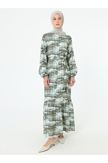 Refka Green Abstract Patterned Hijab Dress - Khaki -