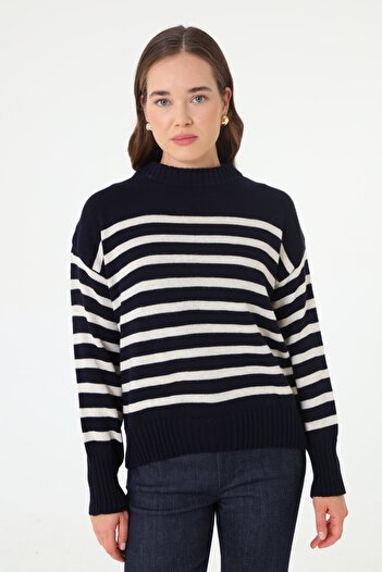 Refka Striped Short Knit Sweater - Navy Blue -