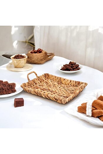 STOREMAX Goldwhirl Handmade Water Hyacinth Decorative Tray with Wicker Handles Small Size (29Cm*23Cm*4Cm) Trendflash 467