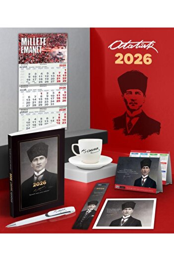 Halk Kitabevi 2026 Ататюрк Фес-образна дневник - стенен календар-ME - метална ролкова химикалка и чаша за кафе Signature