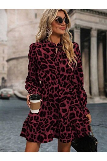 moda wanilia Kadın Yakası Bağcık Detaylı Leopar Desenli Mini Modal Elbise