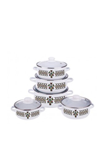 Zilan Set of 5 Enameled Pots + Glass Lids, Diameters 16cm, 18cm, 20cm, 22cm, 24cm, OTI-0017