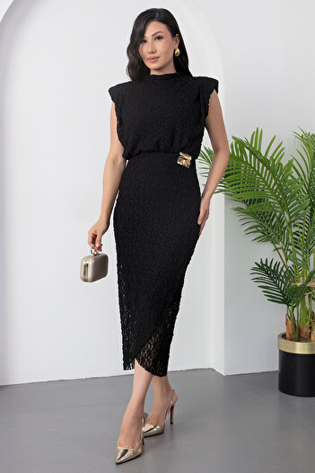 PULLIMM High Neck Shoulder Padded Buckle Lace Dress Ny3022