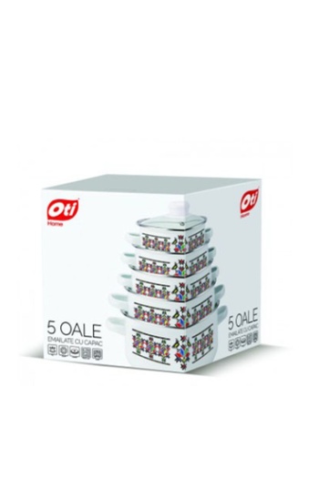 Zilan Set of 5 Enameled Pots + Glass Lids, Diameters 16cm, 18cm, 20cm, 22cm, 24cm, OTI-0017