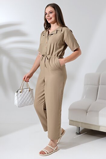 Lir Women's Drawstring Waist Jumpsuit with Pockets Mink