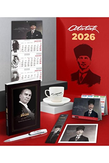 Halk Kitabevi 2026 Ататюрк Гази Паша Дневник - Гази Календар за стена - Метална ролкова химикалка и чаша за кафе с подпис