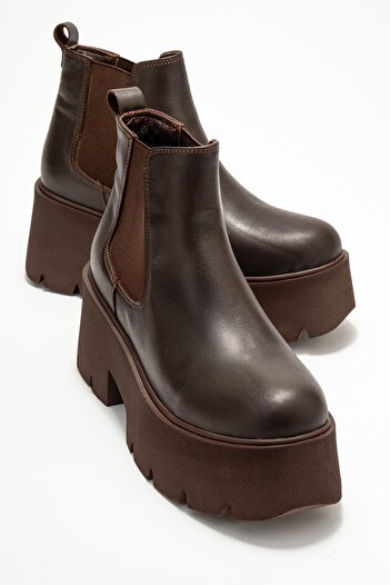 LuviShoes Γυναικείες μπότες με χοντρή σόλα CLEN καφέ δέρμα από γνήσιο δέρμα ελαστικό