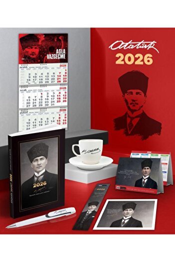 Halk Kitabevi 2026 Ататюрк Фез-образна дневник - стенен календар - AV - метална ролкова химикалка и чаша за кафе с подпис