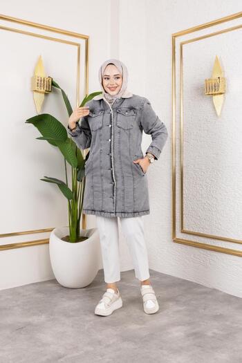 Hb Harma Time Butik Women's Buttoned Long Gray Denim Jacket with Pockets and Fur Inside