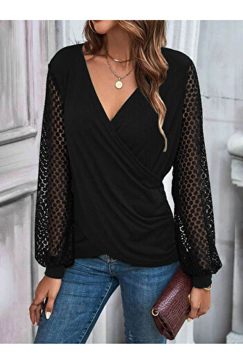 Wear Up    Women's Long Sleeve Tulle Double Breasted Collar Cross Cut Detailed Viscose Blouse