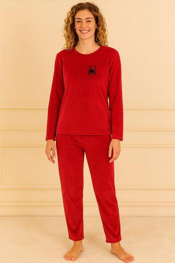 Pemilo Women's 13165-2651 Long Sleeve Velvet Pajama Set Red