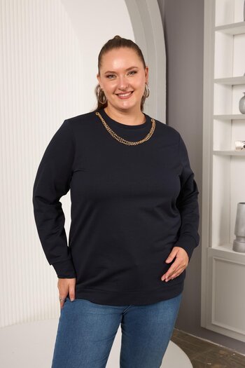 RMG Collar Chain Detailed Oversized Sweatshirt Navy Blue