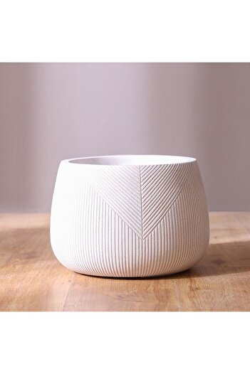 Danube Home Fiber Clay Pot with Symmetry Stripes - White - 29x29x20 CM - Stylish Outdoor Garden Accessory
