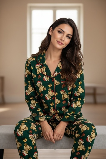 Bravie Luxury Soft Green Christmas Teddy Bear Patterned Long Sleeve Women's Pajama Set – 3065