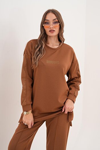 WestBound Women's Sportswear Leather Detailed Stone Embroidered Casual Tracksuit Set Taba 715