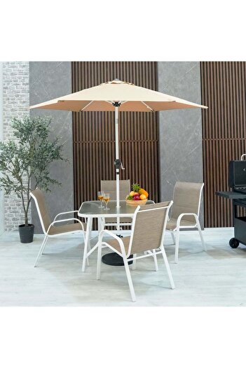 Danube Home Eve 1 + 4-Seater Textilene Outdoor Dining Set with Umbrella - White & Khaki, 1 Year Warranty