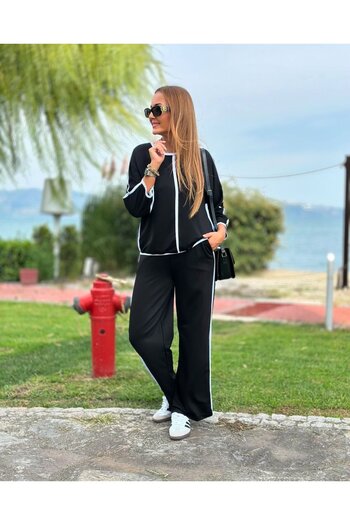 Wear Up Women's bicycle collar three quarter sleeve ribbon detail blouse and high waist elasticated pants double set