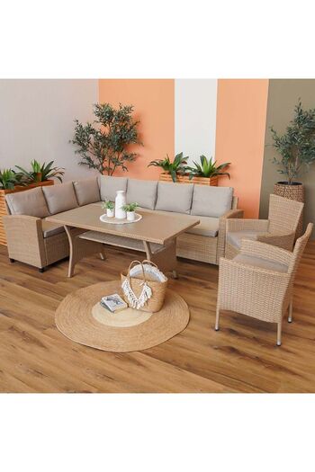 Danube Home Albany 8-Seater Outdoor Corner Sofa Set - Brown, 1 Year Warranty, Includes Benches & Dining Chairs