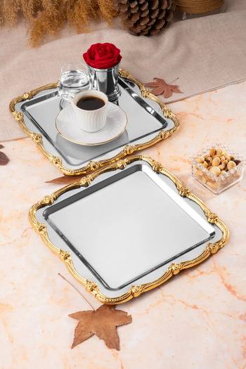 GA Madame Home 2-Piece Gold Cast Rose Frame Silver Square Coffee & Tea Presentation Serving Tray