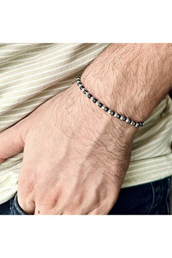 Velar Bracelets Cord Bracelet with Semi-Precious Stones Hematite and 925 Silver Balls (Adjustable)