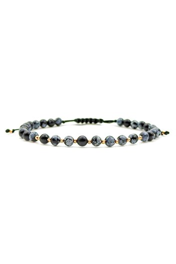Velar Bracelets Obsidian Snowflake Semi-Precious Stone Cord Bracelet and 14K Gold Balls (Adjustable)