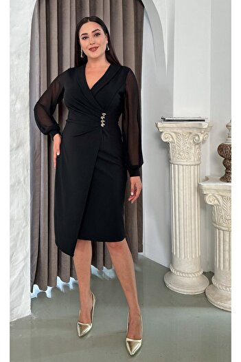 Butik Nilyam Women's Plus Size Double Breasted Collar Long Sleeve Button Brooch Detail Asymmetrical Cut Midi Stretchy Evening Dress 25042