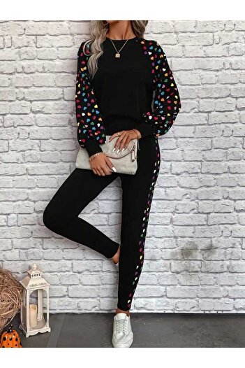 Kokosh moda Women's Crew Neck Patterned Viscose Two Thread Blouse Pants Two Piece Set