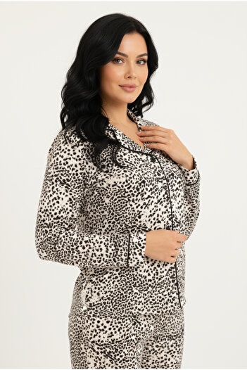 Bravie Luxury Viscose Black and White Dalmatian Patterned Women's Long Sleeve Plus Size Pajama Set – 42533
