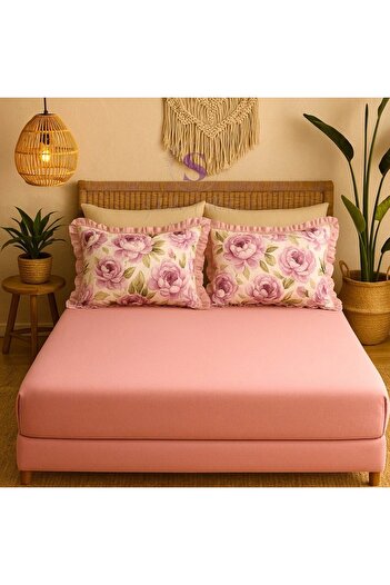 shules collection Gül Zamani Ranforce Double Bed Sheet Ruffled Pillowcase Set 100% Cotton