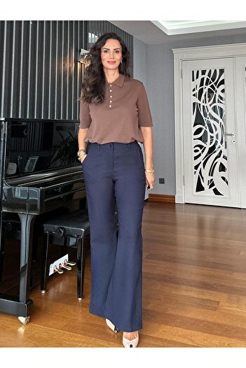 Atelier Derin Navy Blue Elastic Waist Flare Pants
