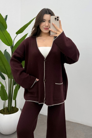 Bipantolon Women's Burgundy Pocket Detailed Shepherd Stitch Cardigan Pants Bottom Top Knitwear Set