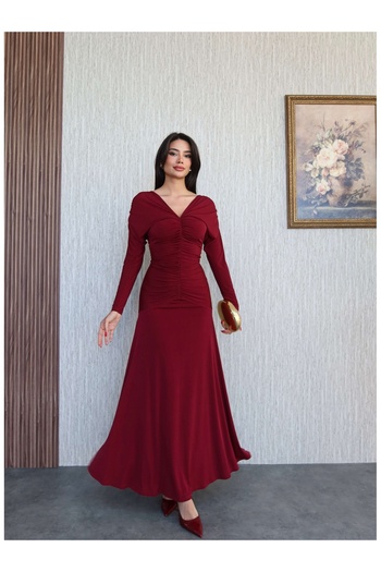 ESRAHELVACI V Neck Gathered Maxi Dress