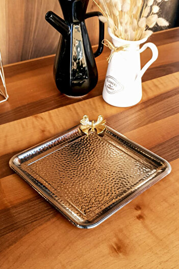 Tezyinat Wood Stainless Forged Metal Serving Tea Coffee Catering Presentation Tray (Not Rusting)