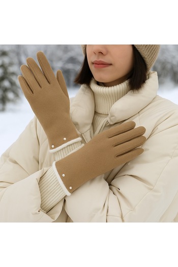 PriStyle Elegant Women's Gloves with Decorative Pearls, Warm Fleece Interior, Cream Color, PriStyle®