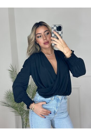 Wear Up Women's Long Sleeve Flowing Double Breasted Collar Sleeve Tipped Sandy Blouse
