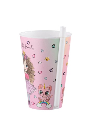 OEM Cup with Integrated Straw, Girls and Cats Model, Pink, 0.4L, Plastic