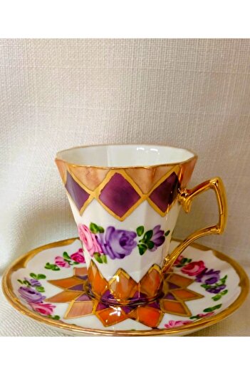 BY.RAYKA PORSELEN El Dekor Porcelain Hand Painted 6 Piece Coffee Cup Set