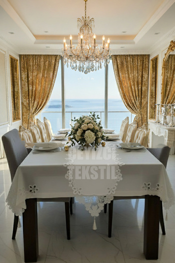 Çt Çeyizci Tekstil Tablecloth Dining Set for 12 Persons 26 Pieces French Lace – Ecru