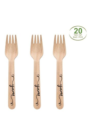 ANTBRO Set 20 Party Forks Wooden Antbro®, Handle with Print 'yum', 16cm