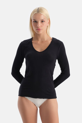 Eros Black Modal Cashmere V-Neck Long Sleeve Top