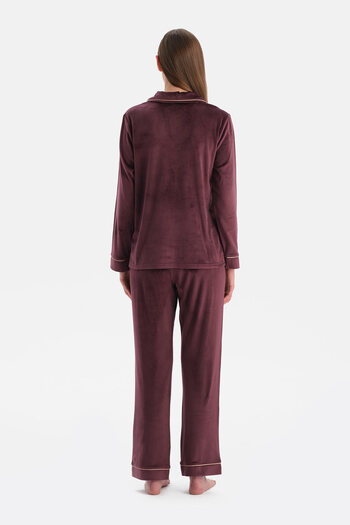 Eros Burgundy Piping Detailed Velvet Shirt Pants Pajama Set